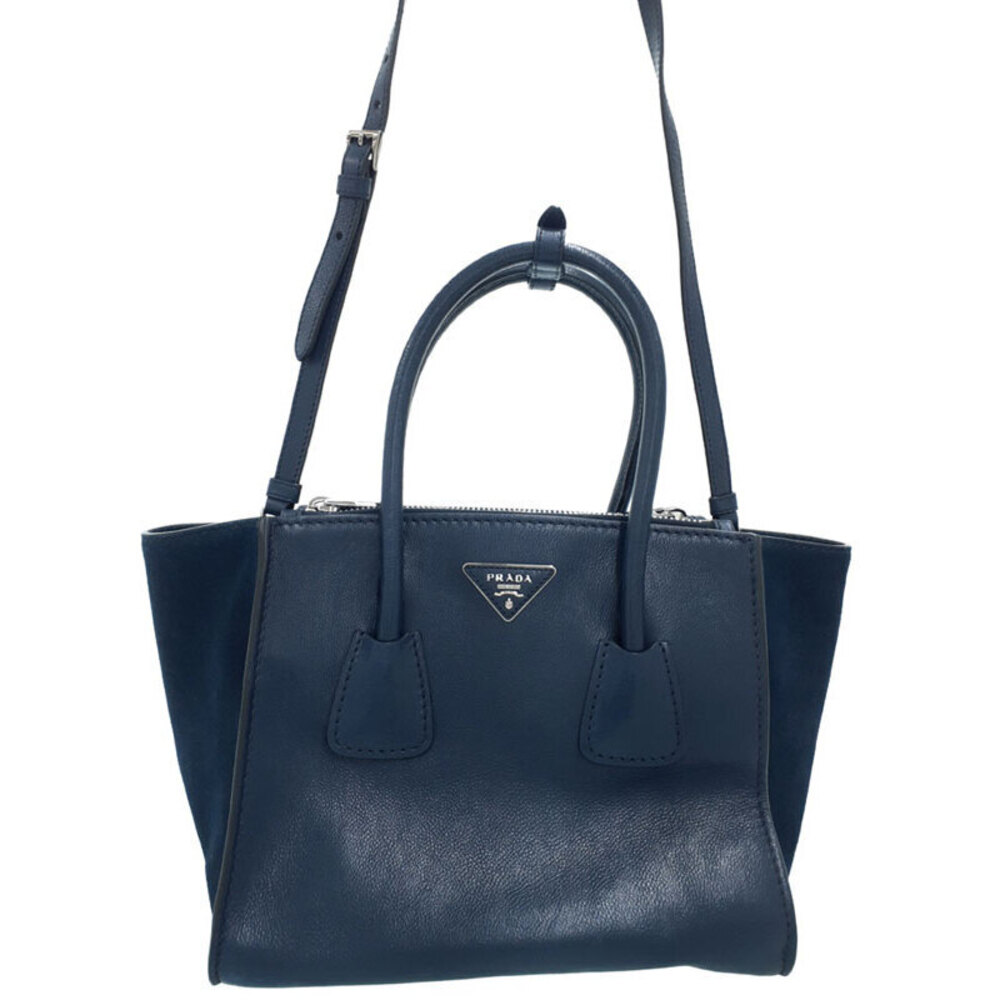 Prada Twin Pocket Tote Shoulder Bag navy glace calfskin leather suede Blue
